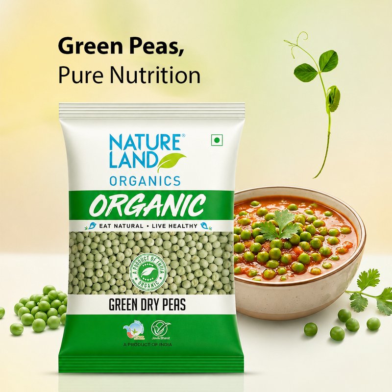 Natureland Organics Green Dry Peas 500g | 100% Organic Whole Green Peas | Protein & Fibre Rich Dried Peas for Curries, Soups, Ragda & Snacks
