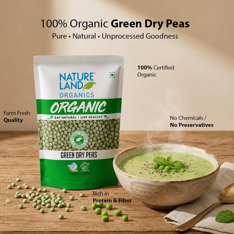Natureland Organics Green Dry Peas 500g | 100% Organic Whole Green Peas | Protein & Fibre Rich Dried Peas for Curries, Soups, Ragda & Snacks