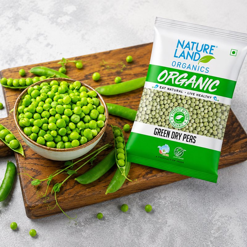 Natureland Organics Green Dry Peas 500g | 100% Organic Whole Green Peas | Protein & Fibre Rich Dried Peas for Curries, Soups, Ragda & Snacks