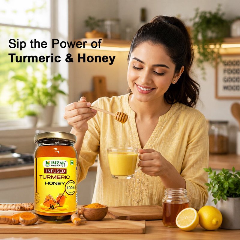 Imzak Infused Turmeric Honey | Pure Raw & Natural Honey with Turmeric | Herbal Immunity Booster Honey | Rich in Antioxidants & Natural Enzymes | Healthy Sweetener for Wellness, Digestion, Energy & Daily Health Support | Unprocessed Honey Goodness thumbnail 3