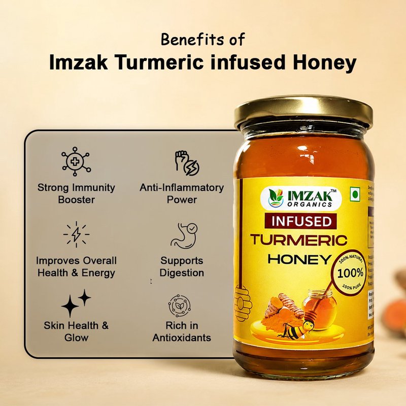Imzak Infused Turmeric Honey | Pure Raw & Natural Honey with Turmeric | Herbal Immunity Booster Honey | Rich in Antioxidants & Natural Enzymes | Healthy Sweetener for Wellness, Digestion, Energy & Daily Health Support | Unprocessed Honey Goodness thumbnail 4