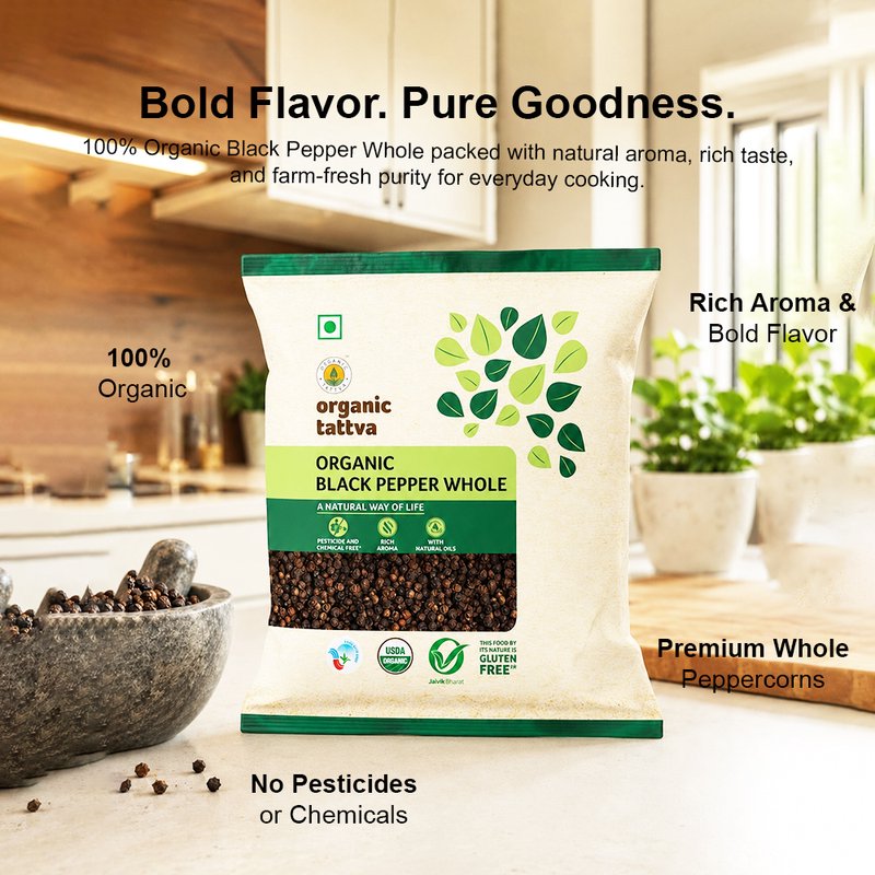 Organic Tattva Black Pepper Whole | Organic Whole Black Pepper | Premium Kali Mirch | Whole Peppercorns for Cooking & Seasoning
