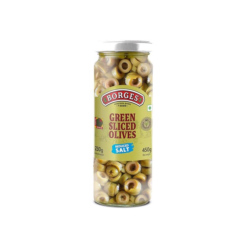 Borges Sliced Green Olives | Ready-to-Use Premium Green Olives | Perfect for Salads, Pizza, Pasta, Sandwiches & Mediterranean Recipes | 450g