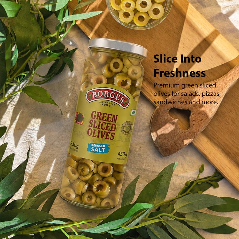 Borges Sliced Green Olives | Ready-to-Use Premium Green Olives | Perfect for Salads, Pizza, Pasta, Sandwiches & Mediterranean Recipes | 450g