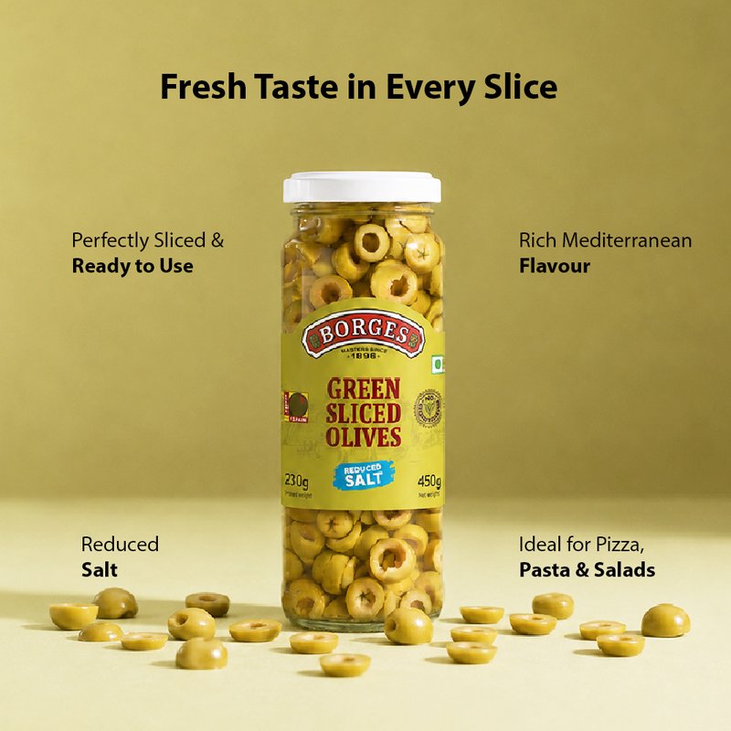 Borges Sliced Green Olives | Ready-to-Use Premium Green Olives | Perfect for Salads, Pizza, Pasta, Sandwiches & Mediterranean Recipes | 450g