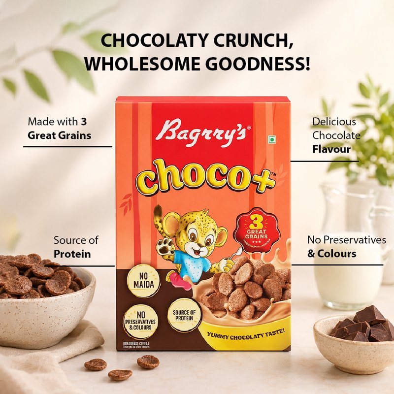 Bagrry's Choco Plus 375g | Chocolate Breakfast Cereal with Whole Grains | High-Fibre Crunchy Breakfast for Energy, Taste & Daily Nutrition
