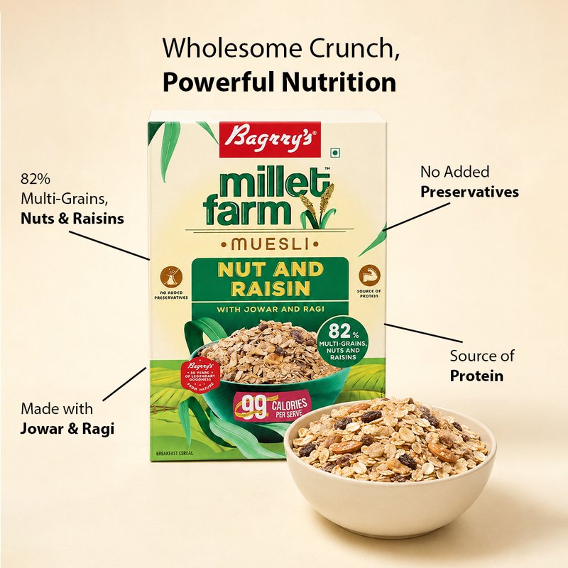 Bagrry’s Millet Farm Muesli 500 GM | Healthy Millet Breakfast Cereal | Crunchy Blend of Whole Grains, Nuts & Seeds | High Fiber Nutritious Muesli for Daily Wellness
