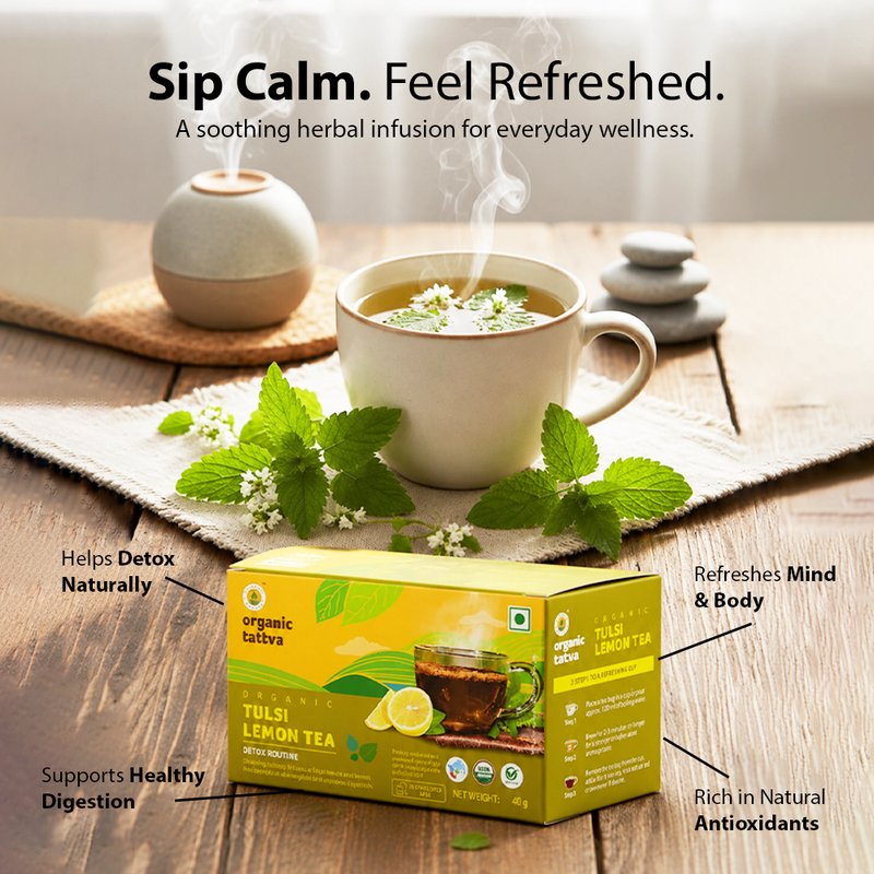 Organic Tattva Tulsi Lemon Tea | 20 Tea Bags | Tulsi Tea with Lemon | Refreshing Wellness Tea