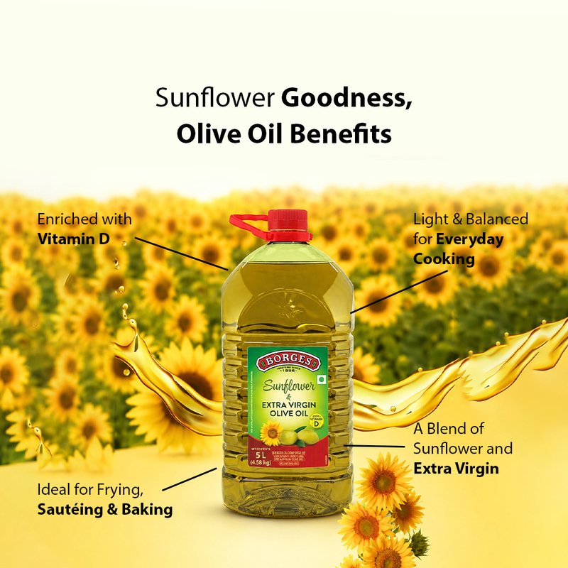 Borges Sunflower Oil with Extra Virgin Olive Oil | Blended Cooking Oil | Light & Versatile Edible Oil | Ideal for Frying, Sautéing & Everyday Cooking