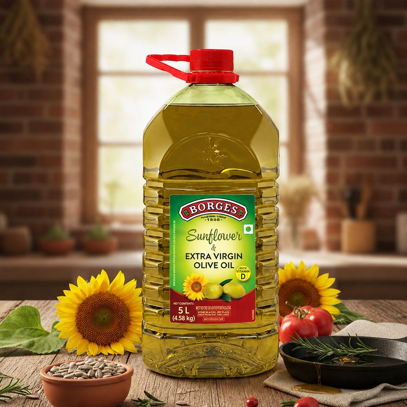 Borges Sunflower Oil with Extra Virgin Olive Oil | Blended Cooking Oil | Light & Versatile Edible Oil | Ideal for Frying, Sautéing & Everyday Cooking