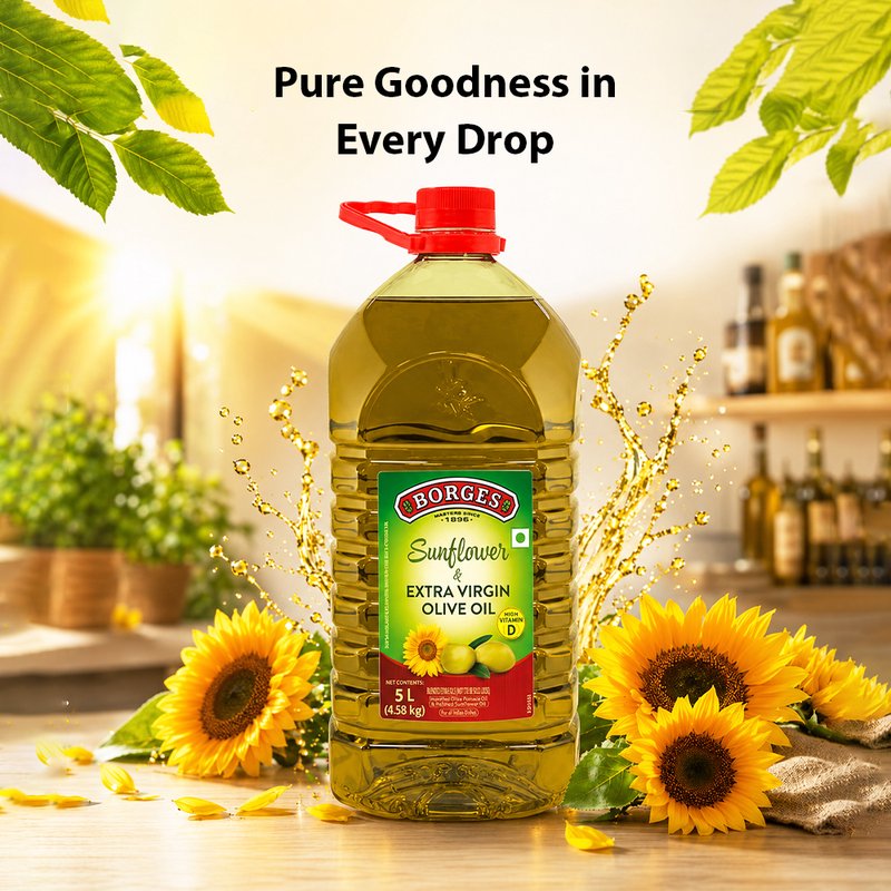 Borges Sunflower Oil with Extra Virgin Olive Oil | Blended Cooking Oil | Light & Versatile Edible Oil | Ideal for Frying, Sautéing & Everyday Cooking