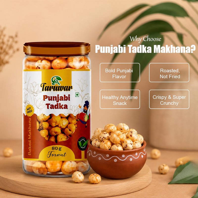 Taruwar Punjabi Tadka Flavoured Makhana 80g Jar | Spicy Roasted Fox Nuts Snack | Crunchy & Healthy Makhana | High Protein, Low Calorie Superfood | Desi Masala Flavor | Guilt-Free Anytime Munching thumbnail 4