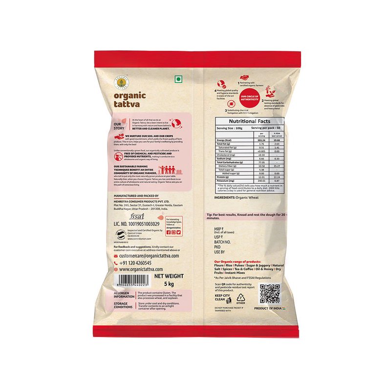 Organic Tattva Wheat Flour Chakki Atta | Stone Ground Whole Wheat Atta | Organic Whole Wheat Flour | Soft Roti Atta thumbnail 2