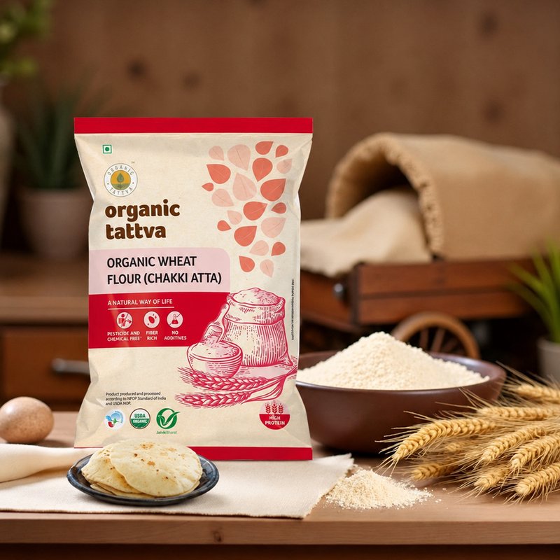 Organic Tattva Wheat Flour Chakki Atta | Stone Ground Whole Wheat Atta | Organic Whole Wheat Flour | Soft Roti Atta