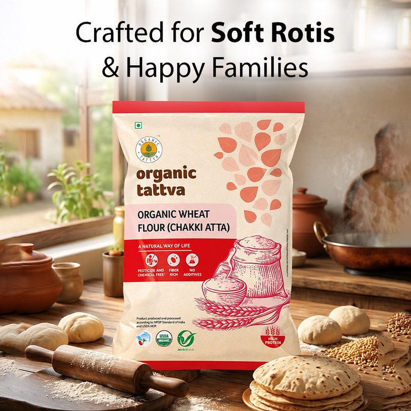 Organic Tattva Wheat Flour Chakki Atta | Stone Ground Whole Wheat Atta | Organic Whole Wheat Flour | Soft Roti Atta