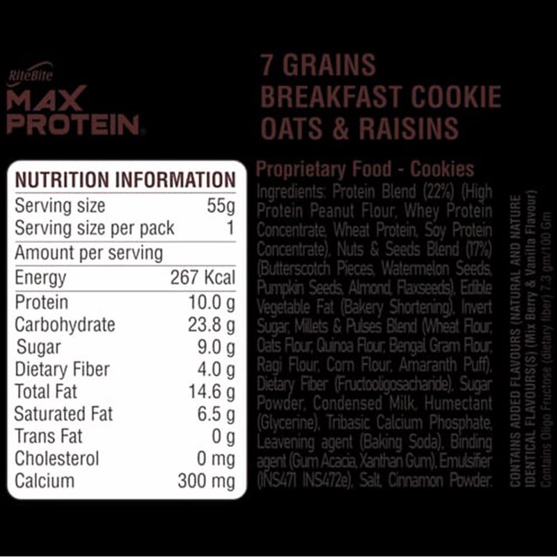 RiteBite Daily 7 Grain Breakfast Cookies Oats & Raisins (Pack of 1) | Made with 7 Grains, Oats & Raisins | High Fibre & Calcium | No Maida | No Preservatives | Crunchy Breakfast & Anytime Snack thumbnail 3