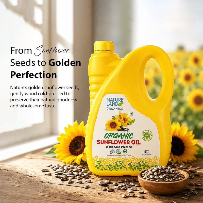 Natureland Organics Wood Cold Pressed Sunflower Oil  | 100% Organic Sunflower Seed Oil | Kachi Ghani Oil for Everyday Cooking