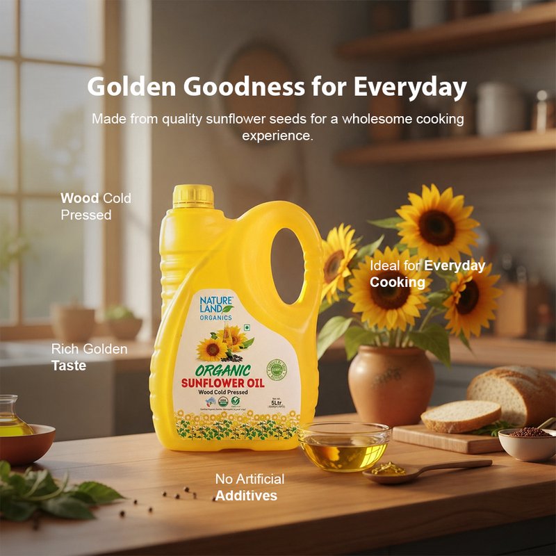 Natureland Organics Wood Cold Pressed Sunflower Oil  | 100% Organic Sunflower Seed Oil | Kachi Ghani Oil for Everyday Cooking