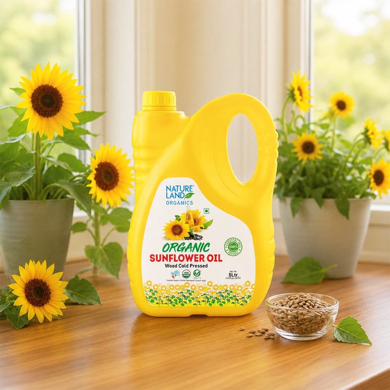 Natureland Organics Wood Cold Pressed Sunflower Oil  | 100% Organic Sunflower Seed Oil | Kachi Ghani Oil for Everyday Cooking