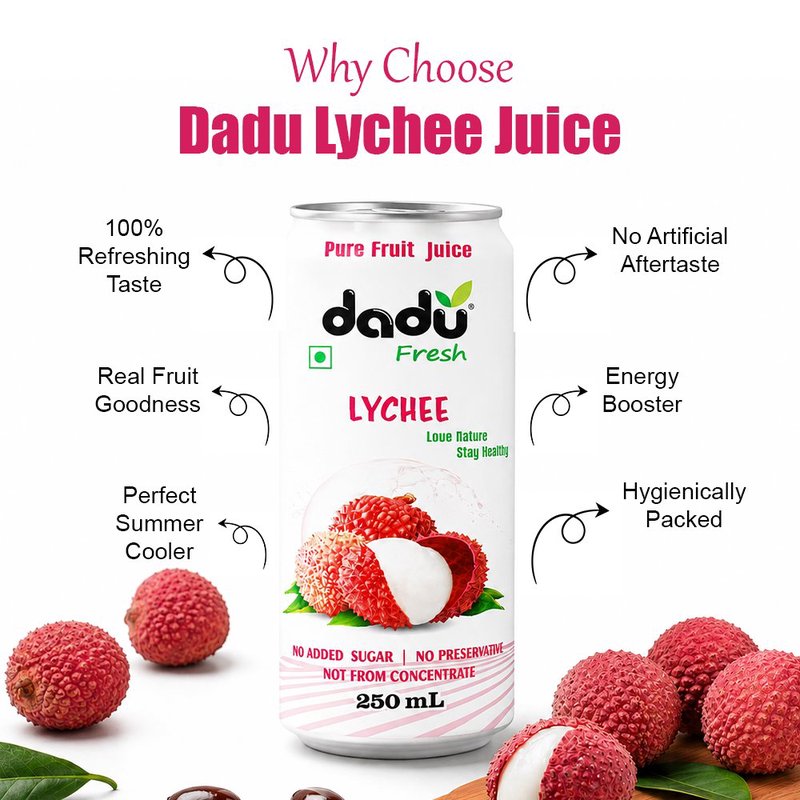 Dadu Fresh Lychee Juice | 4 Cans Combo | 100% Natural Lychee Fruit Juice | Refreshing Antioxidant Rich Healthy Beverage | No Added Sugar, No Preservatives & Not From Concentrate | Vitamin C Rich Drink for Immunity, Hydration, Skin Health & Daily Wellness | Delicious Tropical Juice for Kids & Adults thumbnail 3