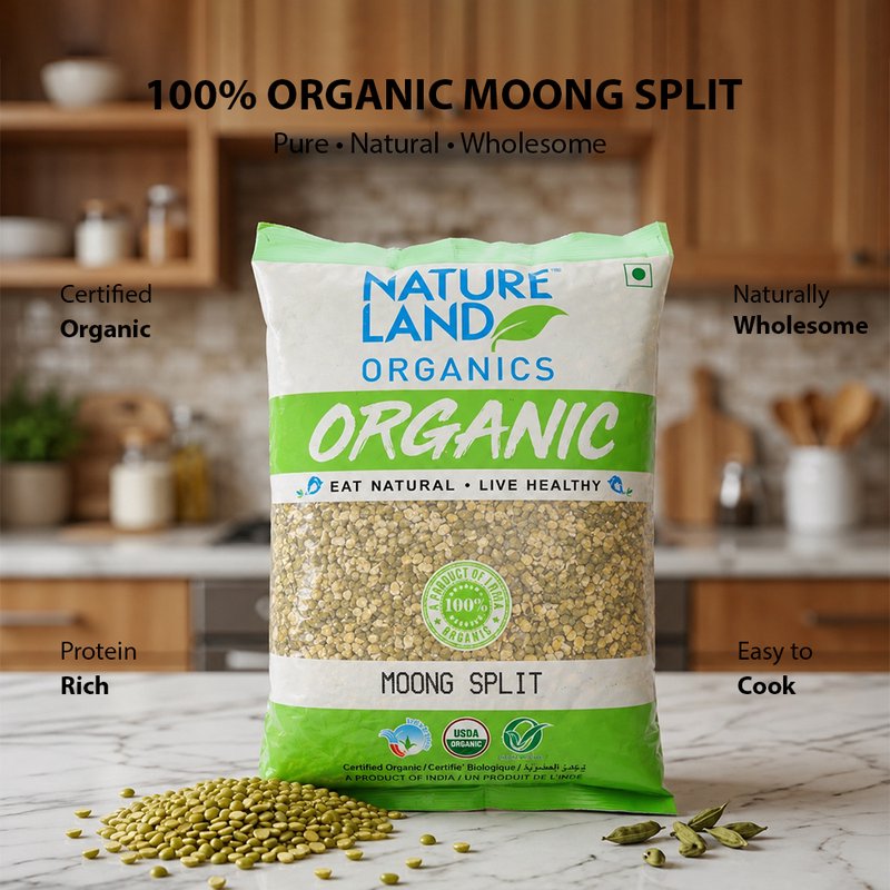 Natureland Organics Moong Split 500g | 100% Organic Split Green Gram | Protein & Fibre Rich Chilka Moong Dal for Curries, Khichdi & Everyday Cooking