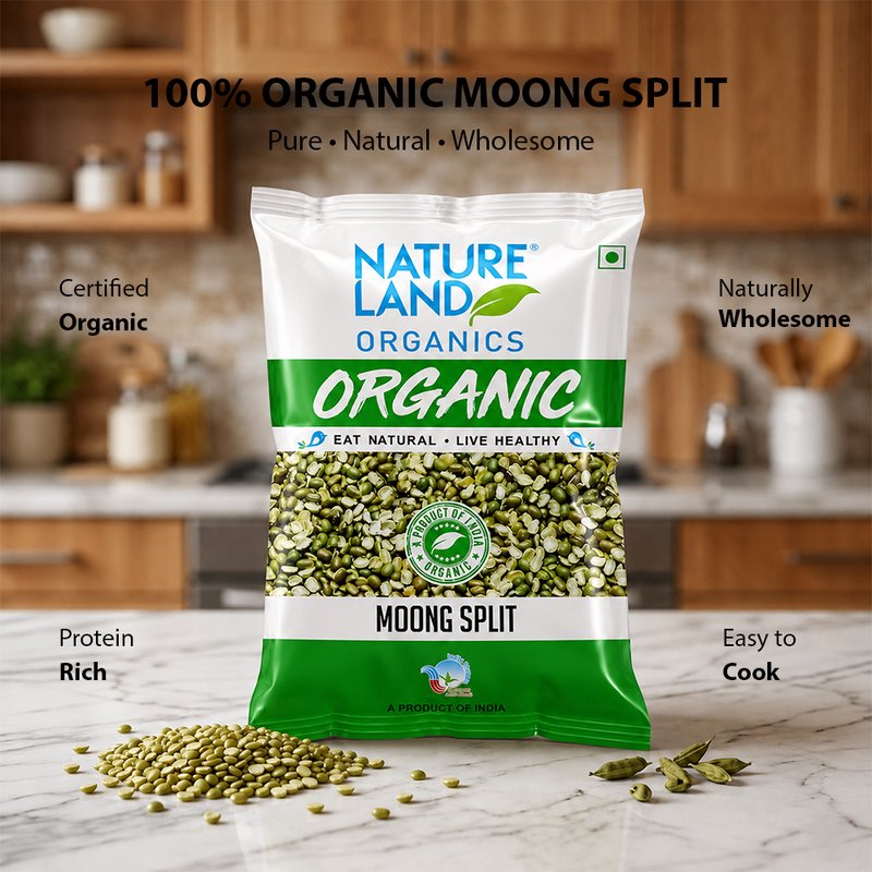 Natureland Organics Moong Split | 100% Organic Split Green Gram | Protein & Fibre Rich Chilka Moong Dal for Curries, Khichdi & Everyday Cooking