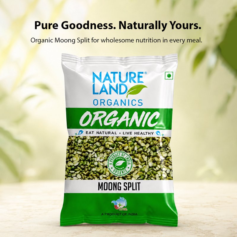 Natureland Organics Moong Split | 100% Organic Split Green Gram | Protein & Fibre Rich Chilka Moong Dal for Curries, Khichdi & Everyday Cooking