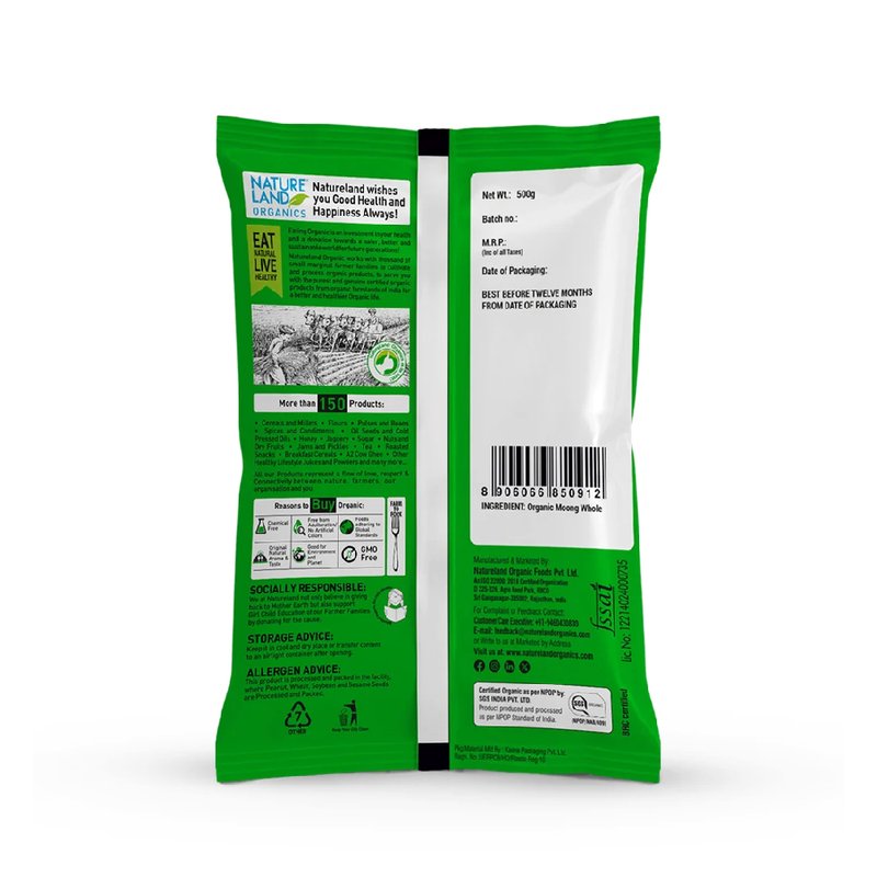 Natureland Organics Moong Split | 100% Organic Split Green Gram | Protein & Fibre Rich Chilka Moong Dal for Curries, Khichdi & Everyday Cooking
