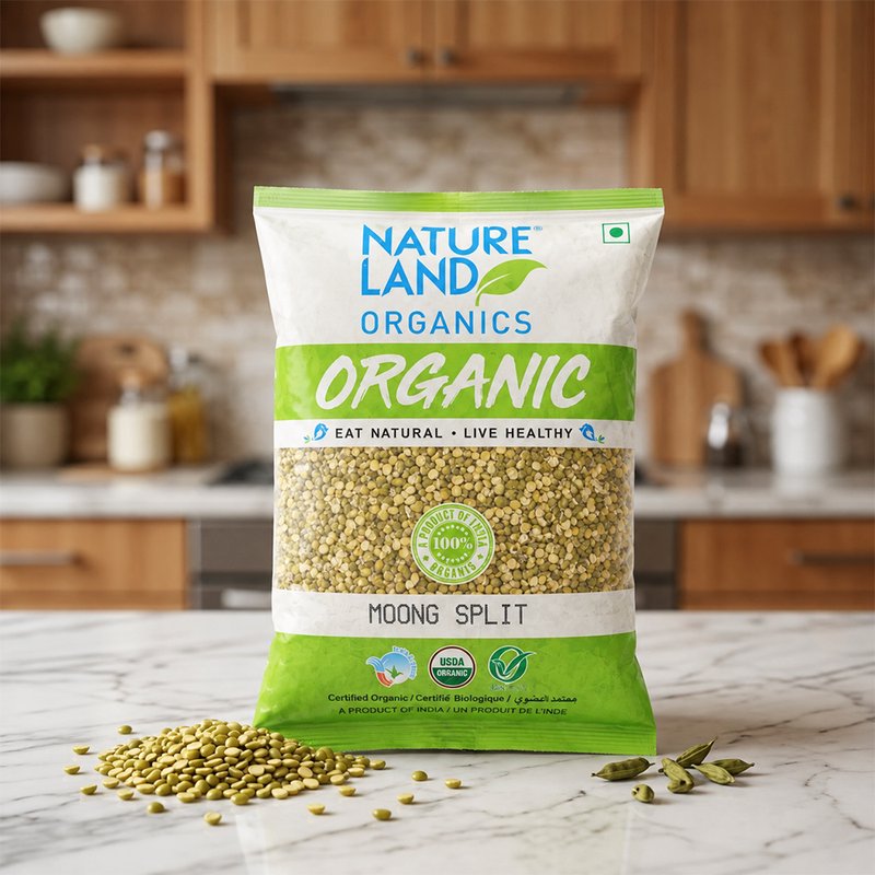 Natureland Organics Moong Split 500g | 100% Organic Split Green Gram | Protein & Fibre Rich Chilka Moong Dal for Curries, Khichdi & Everyday Cooking