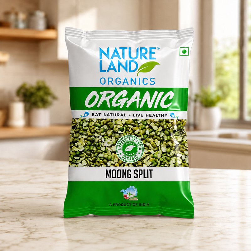 Natureland Organics Moong Split | 100% Organic Split Green Gram | Protein & Fibre Rich Chilka Moong Dal for Curries, Khichdi & Everyday Cooking
