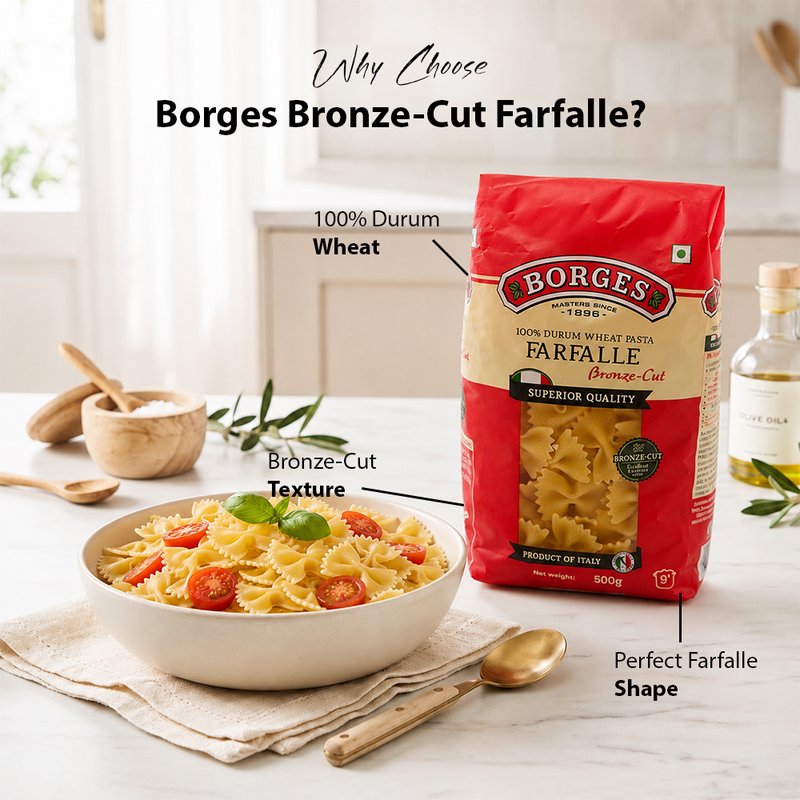 Borges Bronze Cut Farfalle Pasta | Premium Durum Wheat Semolina | Bronze Die Cut Bow Tie Pasta | Perfect for Salads, White Sauce & Italian Recipes | 500g