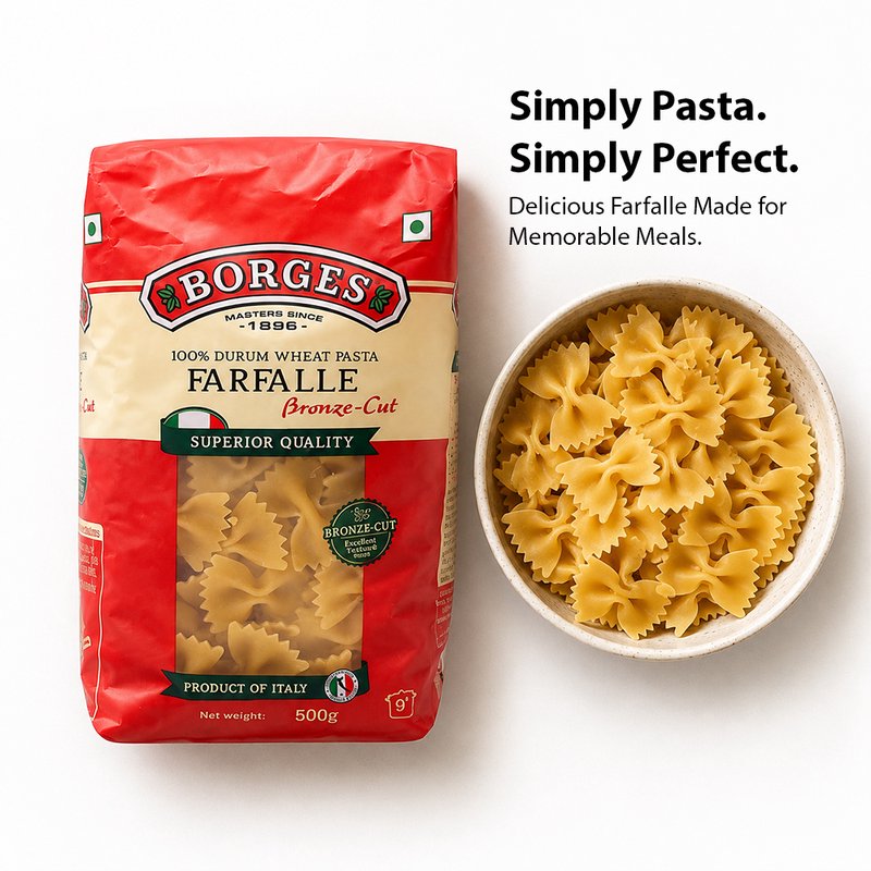 Borges Bronze Cut Farfalle Pasta | Premium Durum Wheat Semolina | Bronze Die Cut Bow Tie Pasta | Perfect for Salads, White Sauce & Italian Recipes | 500g