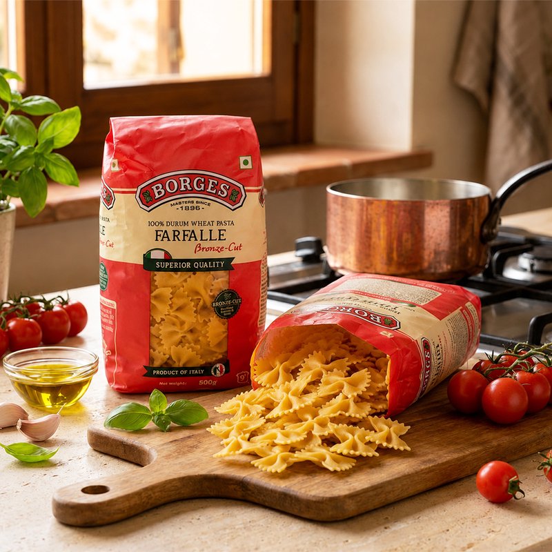 Borges Bronze Cut Farfalle Pasta | Premium Durum Wheat Semolina | Bronze Die Cut Bow Tie Pasta | Perfect for Salads, White Sauce & Italian Recipes | 500g