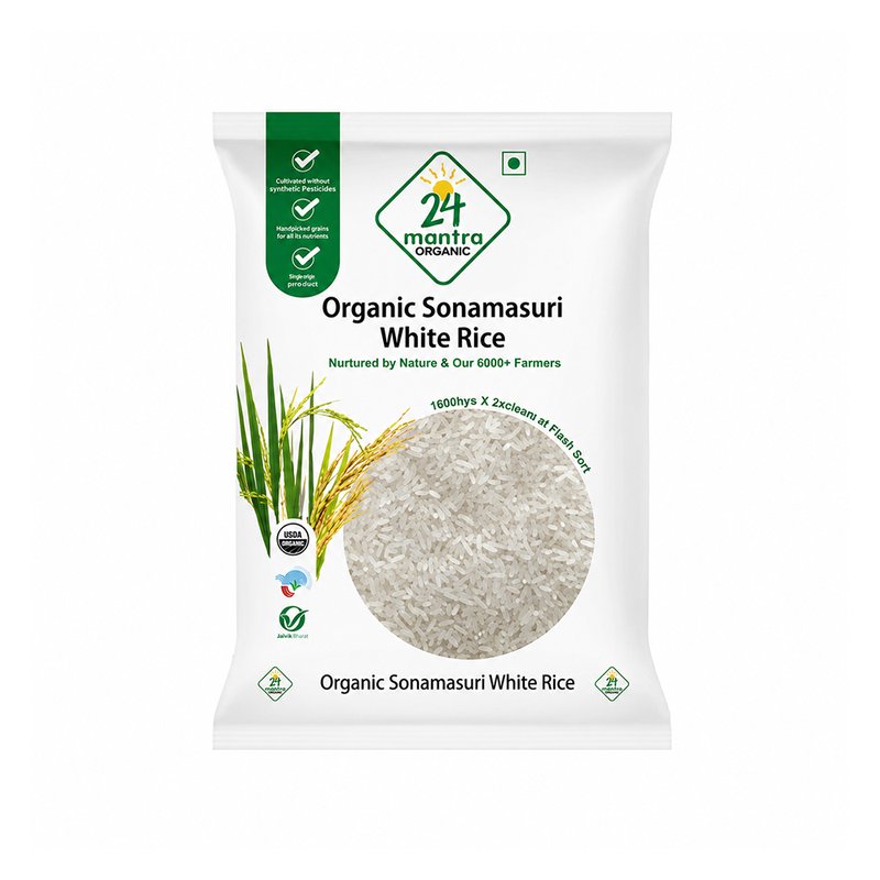 24 Mantra Organic Sonamasuri White Rice | Premium Organic White Rice | Naturally Aromatic & Lightweight | Ideal for Daily Meals, Biryani & South Indian Recipes | No Artificial Additives