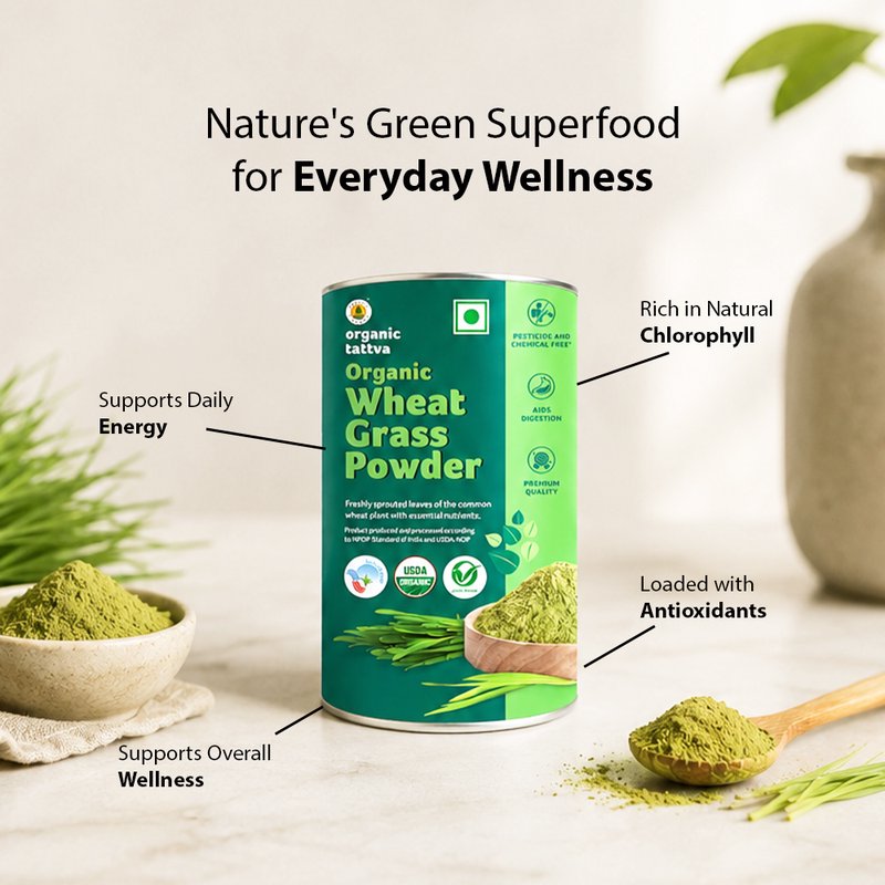 Organic Tattva Wheat Grass Powder | Organic Wheatgrass Powder | Green Superfood | Plant-Based Daily Wellness Supplement