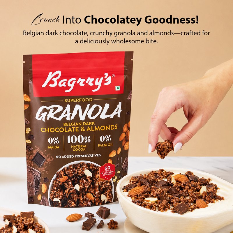 Bagrry’s Granola Chocolate & Almond 400 GM | Crunchy Chocolate Granola Breakfast Cereal with Almonds | High Fiber Healthy Snack for Milk, Yogurt & Daily Nutrition