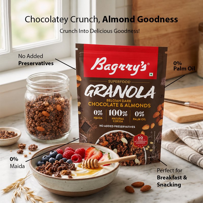 Bagrry’s Granola Chocolate & Almond 400 GM | Crunchy Chocolate Granola Breakfast Cereal with Almonds | High Fiber Healthy Snack for Milk, Yogurt & Daily Nutrition