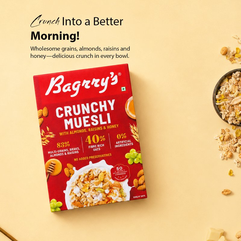 Bagrry's Crunchy Muesli | High-Fibre Breakfast Cereal with Whole Grains & Crunchy Clusters | Nutritious Breakfast for Energy, Digestion & Daily Wellness