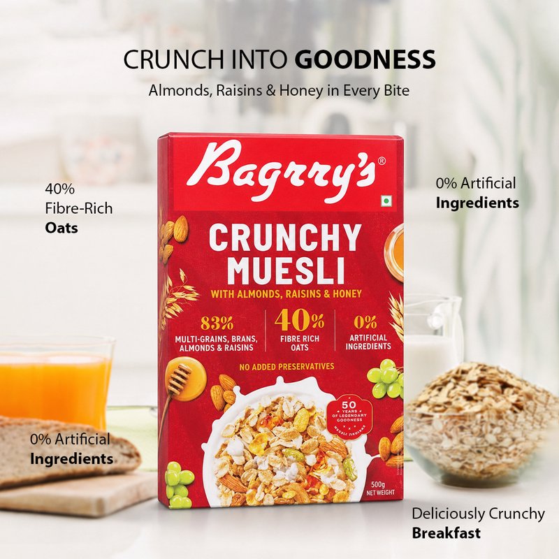 Bagrry's Crunchy Muesli | High-Fibre Breakfast Cereal with Whole Grains & Crunchy Clusters | Nutritious Breakfast for Energy, Digestion & Daily Wellness