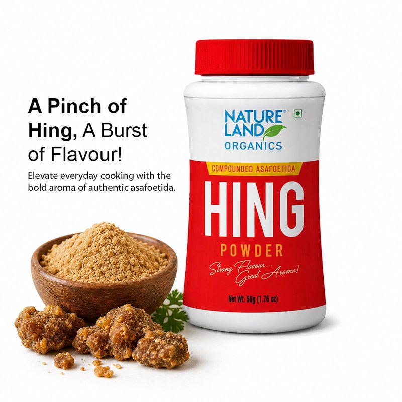 Natureland Organics Hing Powder 50g | Premium Organic Asafoetida Powder | Strong Aroma Spice for Tadka, Dal, Curries & Indian Cooking
