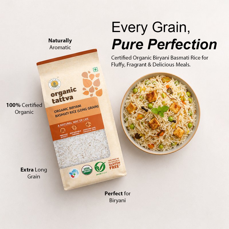 Organic Tattva Biryani Basmati Rice | Premium Long Grain Basmati Rice | Naturally Aromatic Rice | Ideal for Biryani & Pulao