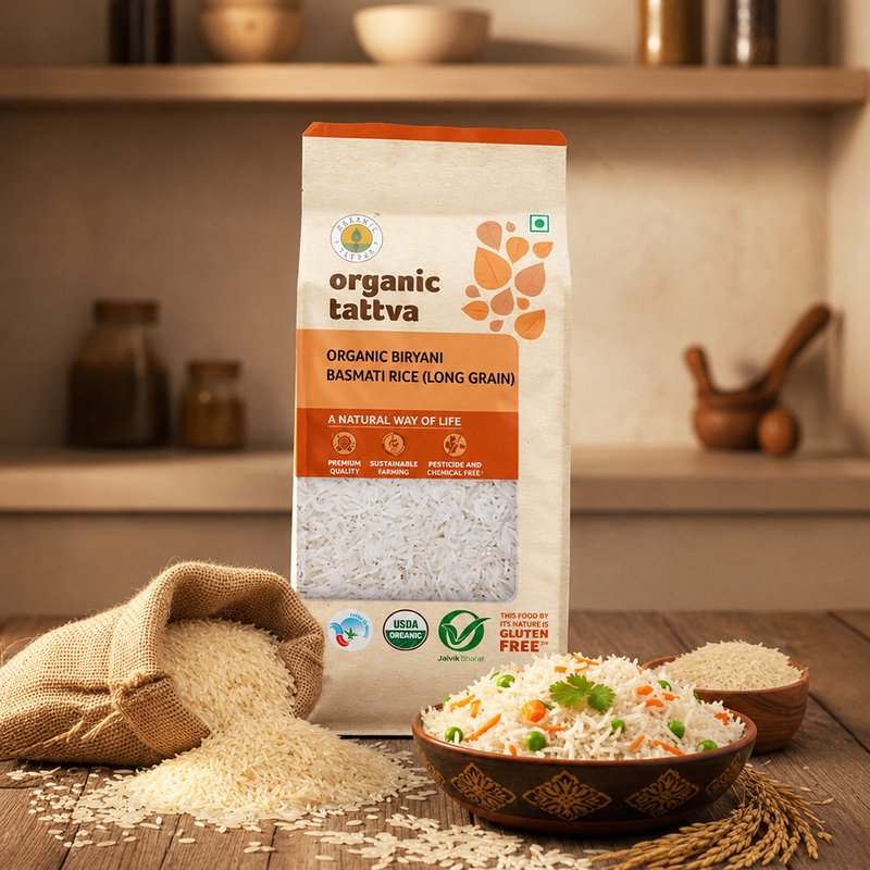 Organic Tattva Biryani Basmati Rice | Premium Long Grain Basmati Rice | Naturally Aromatic Rice | Ideal for Biryani & Pulao
