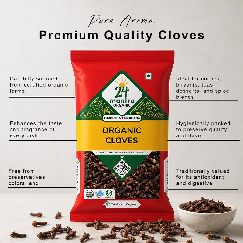 24 Mantra Organic Cloves | Laung | Whole Clove Spice | 100% Organic | Rich Aroma | Indian Spice