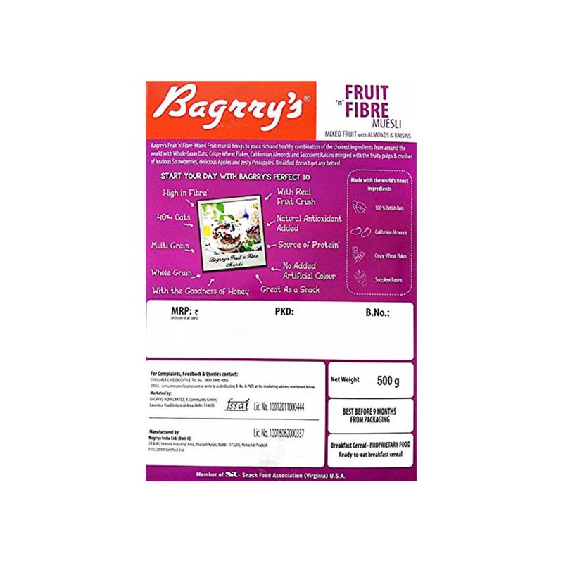 Bagrry’s Mixed Fruit & Fiber Muesli 500 GM | High Fiber Breakfast Cereal with Fruits, Nuts & Whole Grains | Crunchy Healthy Muesli for Daily Nutrition & Wellness thumbnail 2