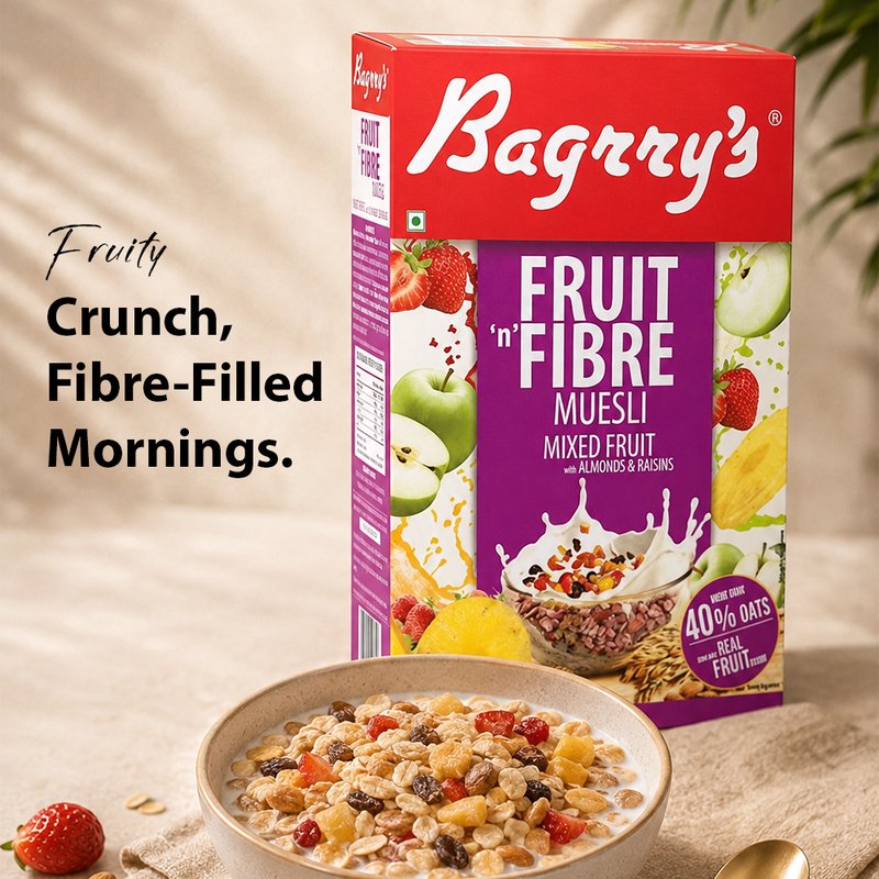 Bagrry’s Mixed Fruit & Fiber Muesli 500 GM | High Fiber Breakfast Cereal with Fruits, Nuts & Whole Grains | Crunchy Healthy Muesli for Daily Nutrition & Wellness