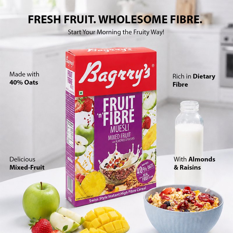 Bagrry’s Mixed Fruit & Fiber Muesli 500 GM | High Fiber Breakfast Cereal with Fruits, Nuts & Whole Grains | Crunchy Healthy Muesli for Daily Nutrition & Wellness