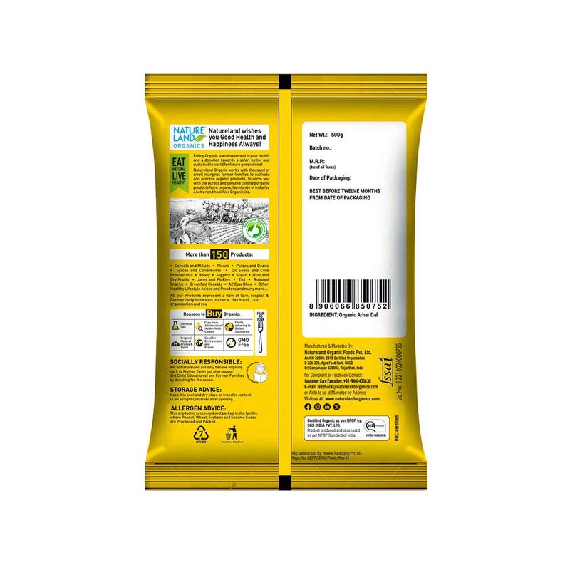 Natureland Organics Arhar Dal 500g | 100% Organic Toor Dal | Protein & Fibre Rich Split Pigeon Peas for Dal, Sambar, Khichdi & Everyday Cooking thumbnail 2