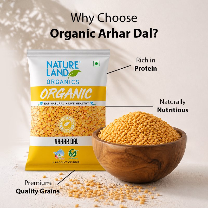 Natureland Organics Arhar Dal 500g | 100% Organic Toor Dal | Protein & Fibre Rich Split Pigeon Peas for Dal, Sambar, Khichdi & Everyday Cooking