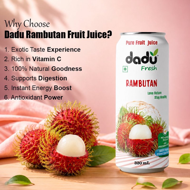 Dadu Fresh Rambutan Juice | 4 Cans Combo | 100% Natural Exotic Fruit Juice | Antioxidant Rich Healthy Beverage | No Added Sugar, No Preservatives & Not From Concentrate | Vitamin C Rich Drink for Immunity, Skin Health, Hydration & Daily Wellness | Refreshing Tropical Juice for Kids & Adults thumbnail 3