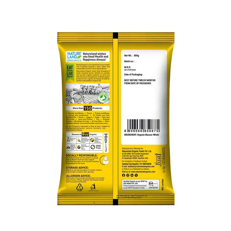 Natureland Organics Masur Split Washed 500g | 100% Organic Dhuli Masoor Dal | Protein & Fibre Rich Red Lentils for Dal, Soups & Everyday Cooking thumbnail 2